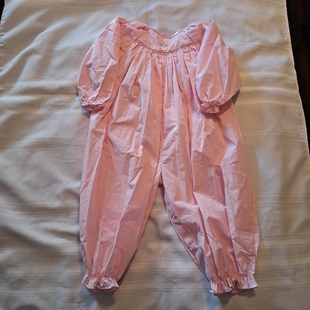 Petit Pomme girls size 24 months pink snowman bubble holiday romper, smocked